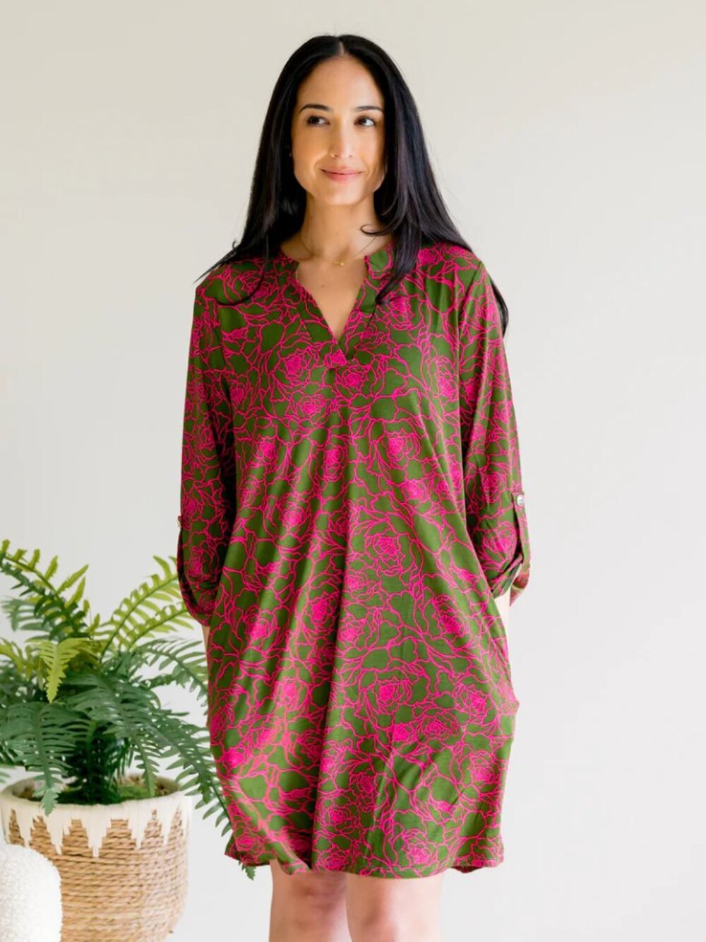 DEAR SCARLETT Lizzy Long Sleeve Dress in Pink and Olive Abstract Floral